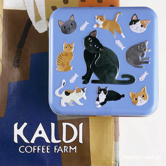 【カルディ】『ネコミニ缶 ブルー』黒猫デザイン