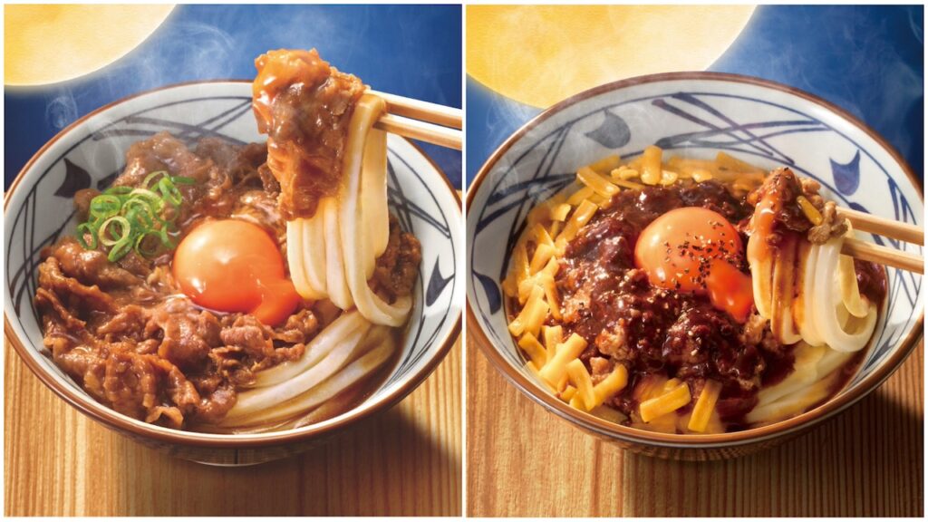 【丸亀製麺の月見メニュー】大人気『牛すき釜玉うどん』復活！新作『肉チーズ釜玉』も美味しそう！