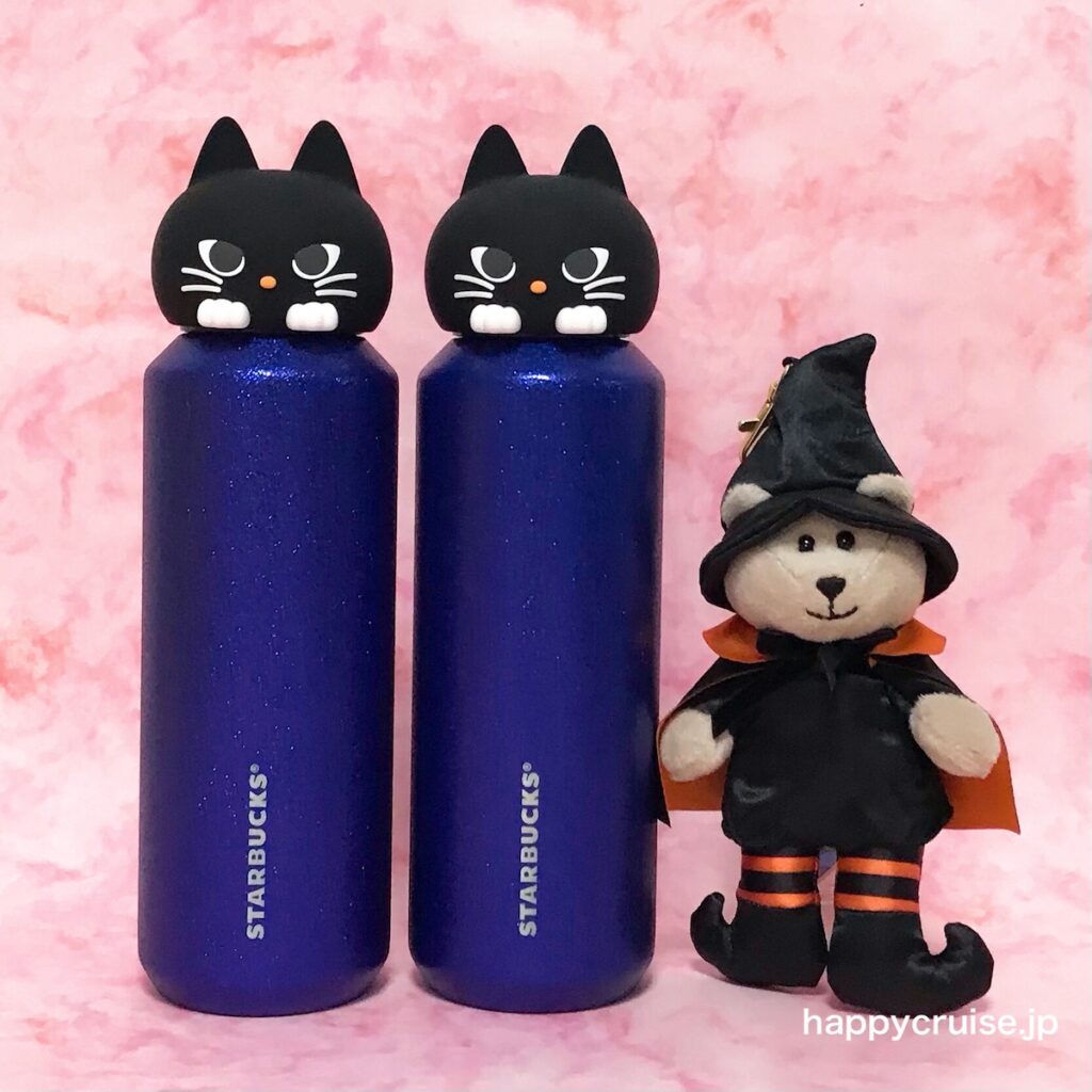 【スタバハロウィン2024】黒猫のフタ付き！キラキラネイビーのグリッターボトルが可愛すぎる〜♡