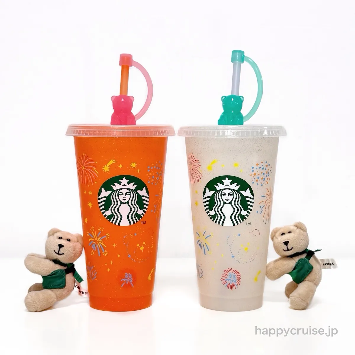 7月22日発売 スターバックス スタバの新作グッズ ベアリスタのストローキャップ付き♡色が変わるバナナ柄リユーザブルカップとぬいぐるみの集合写真