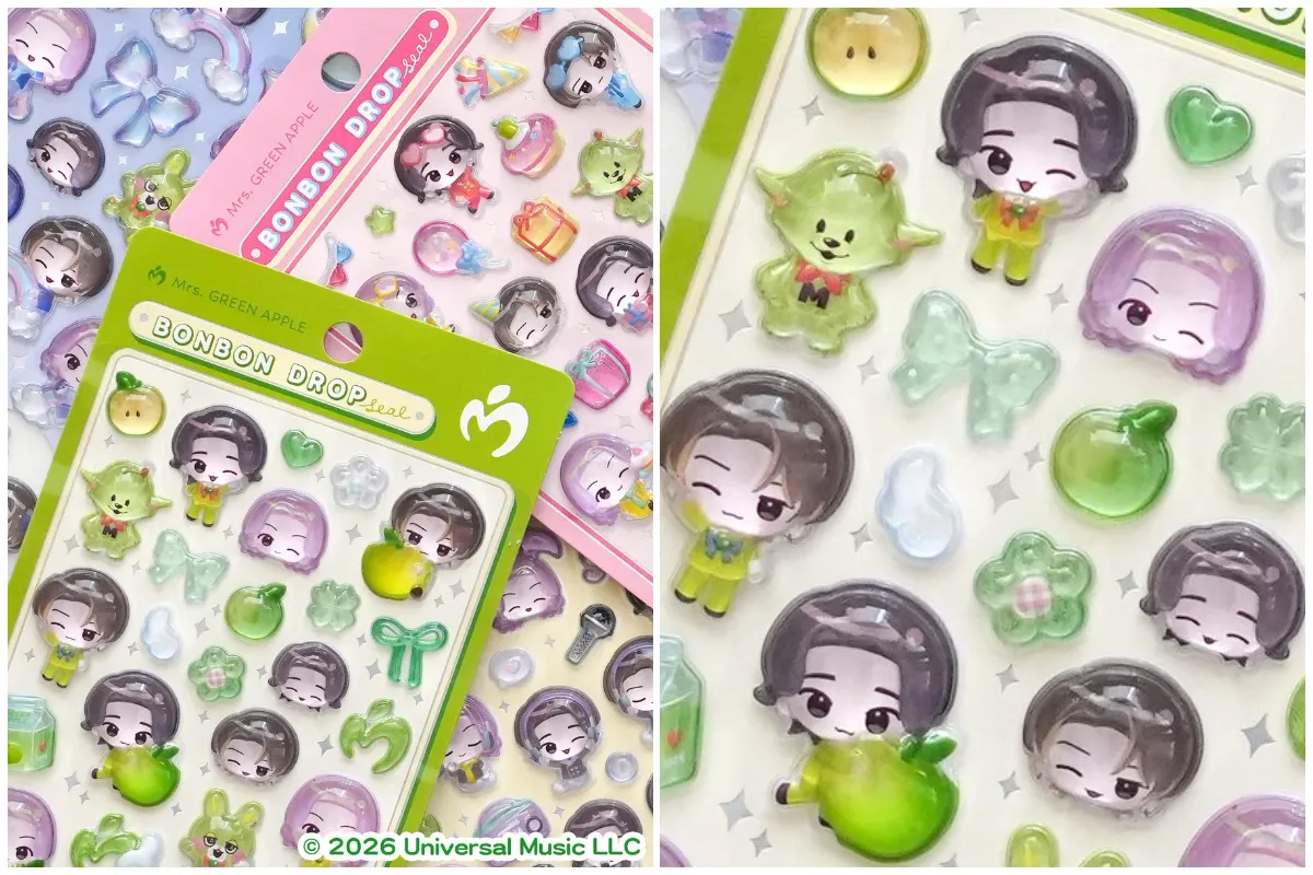 【ミセス×ボンドロ】ボンボンドロップシール Mrs. GREEN APPLE(ミセスグリーンアップル)全4種のパッケージ外観とかわいいデフォルメキャラクターのアップ写真