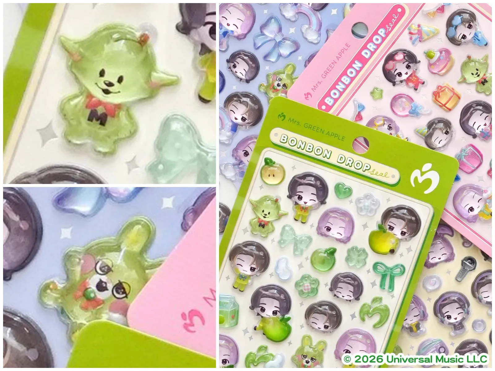 【ミセス×ボンドロ】ボンボンドロップシール Mrs. GREEN APPLE(ミセスグリーンアップル)全4種のパッケージ外観と公式キャラクターメメルとジャミーのアップ写真