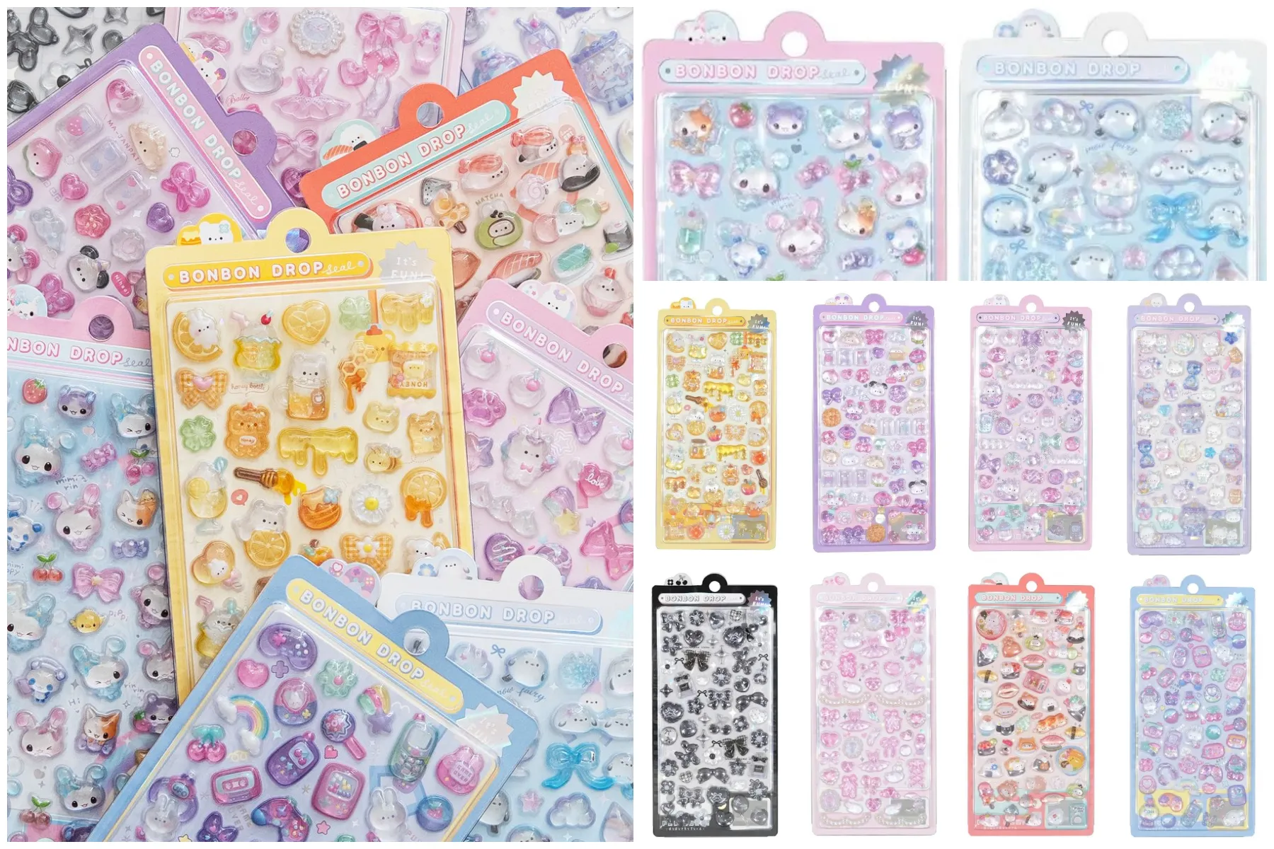 【ボンボンドロップシール】クーリアオリジナル柄「キャンディツインズ」「はちみつボンボン」「しまえなボンボン」「ぴこぴこボンボン」10種類のパッケージ外観集合写真