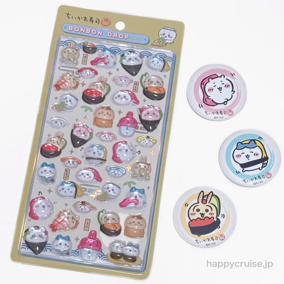 【ちいかわボンドロ】ちいかわ ボンボンドロップシール 第3弾 「ちいかわ寿司」¥550(税込)パッケージ外観と商品アップ画像(HAPPY CRUISE オリジナル画像)