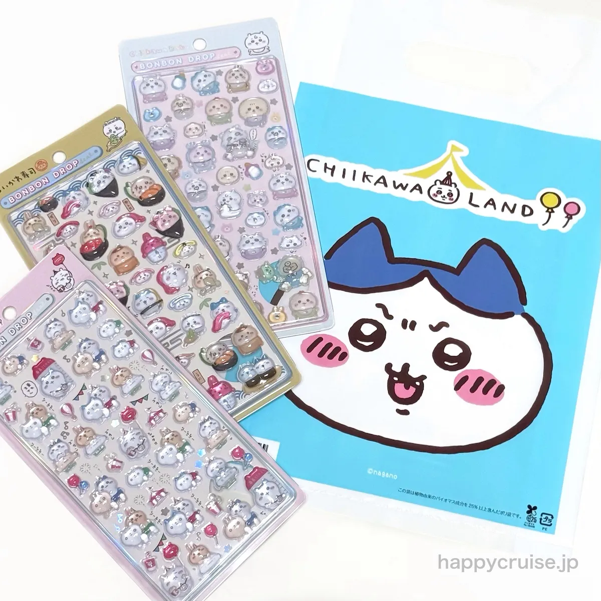 【ちいかわボンドロ】ちいかわ ボンボンドロップシール 第3弾 「ちいかわらんど」「ちいかわ寿司」「Chiikawa Baby/ちいかわベビー」全3種パッケージ外観の集合写真(HAPPY CRUISE オリジナル画像)