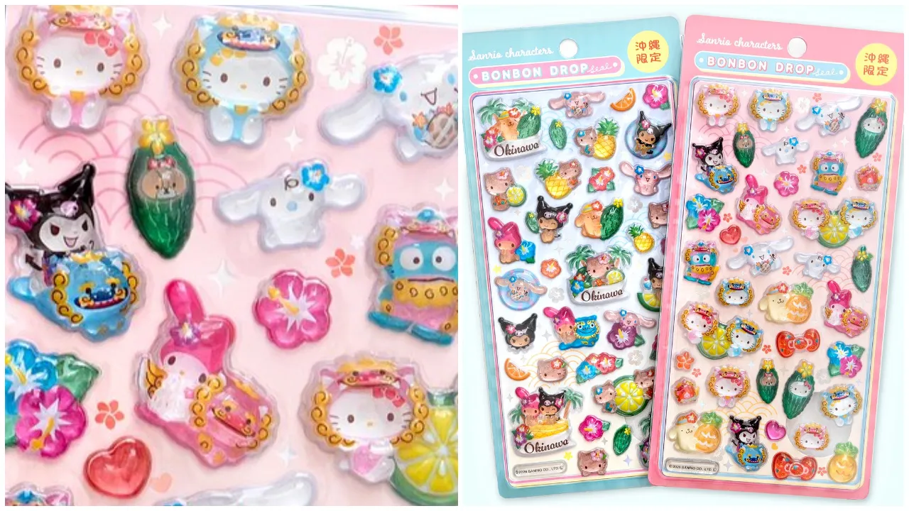 沖縄限定【ボンボンドロップシール】サンリオキャラクターズ全2種(日焼け・シーサー)パッケージ外観の集合写真