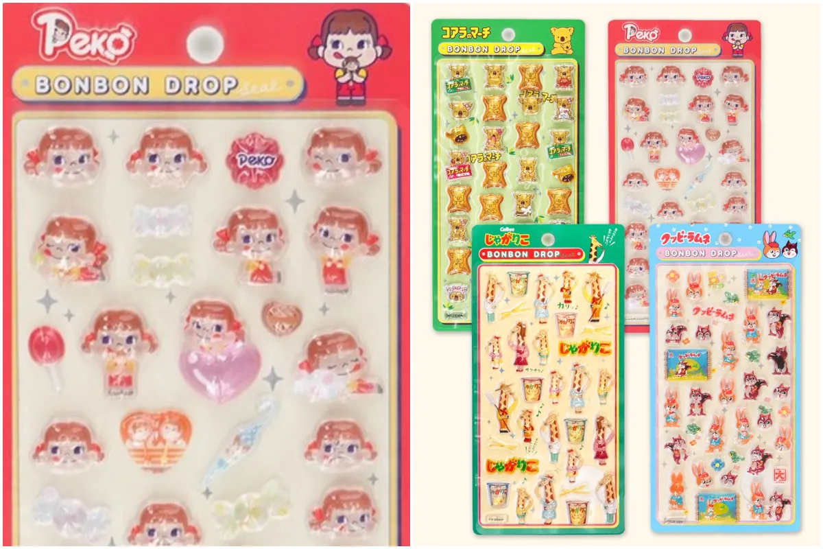 【ボンボンドロップシール】ボンドロ新作はお菓子シリーズ!コアラのマーチ・ペコちゃん・じゃがりこ・クッピーラムネ(全4種)パッケージ外観集合写真