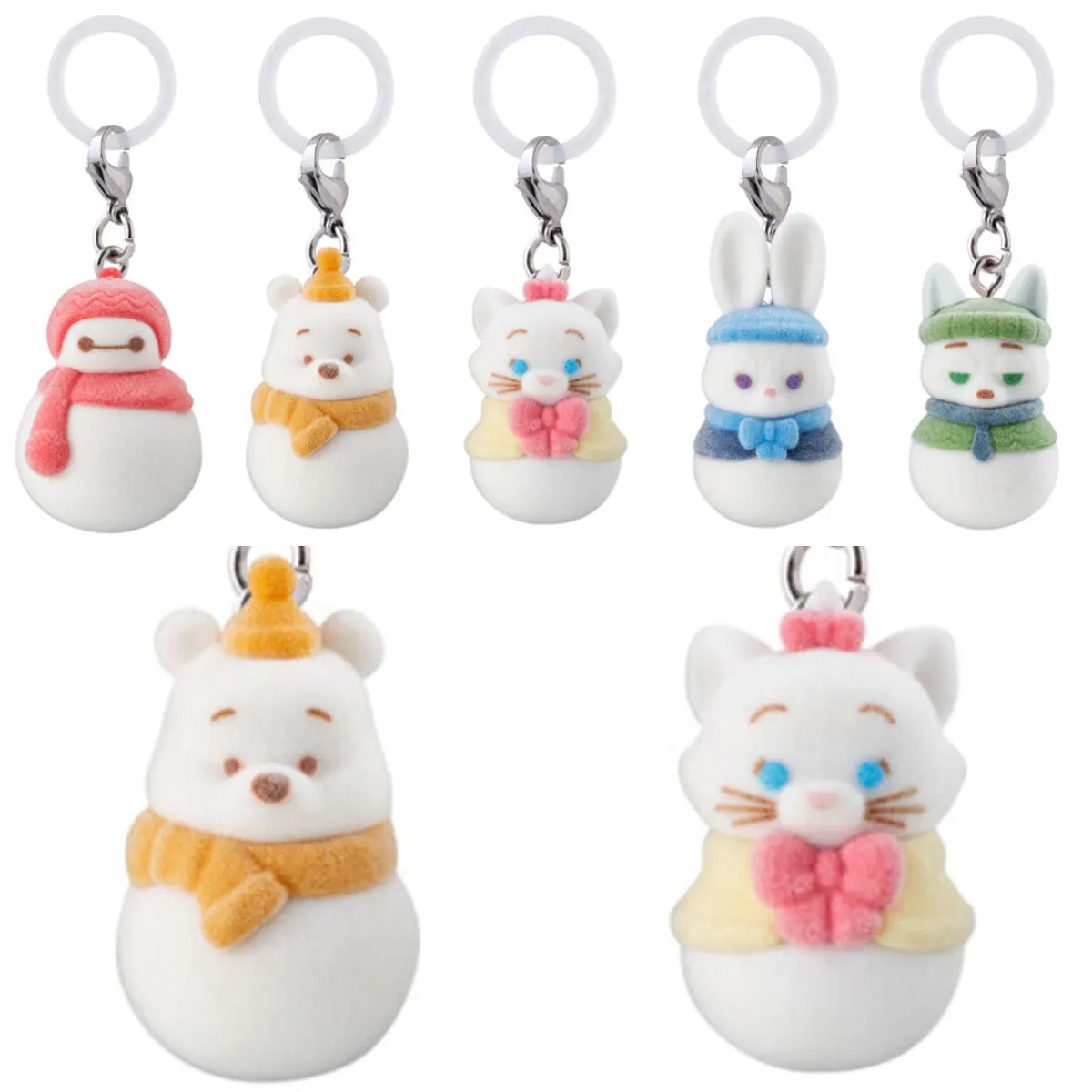 【バンダイ ガシャポン】“ディズニーキャラクター” 雪だるまふわふわめじるしアクセサリー 全5種の集合写真(くまのプーさん、ベイマックス、ディズニー マリー、ジュディ・ホップス、ニック・ワイルド)