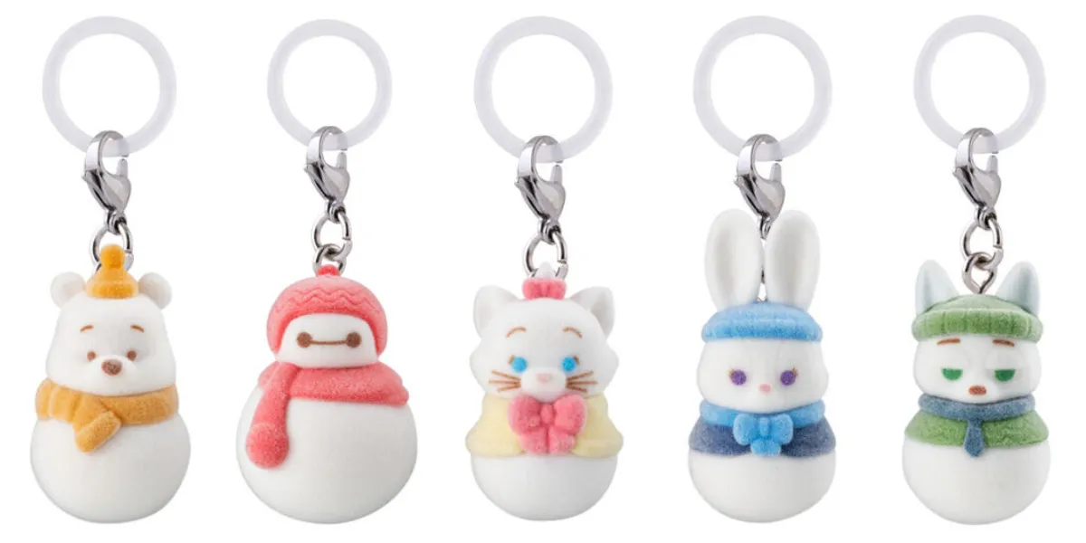 【バンダイ ガシャポン】“ディズニーキャラクター” 雪だるまふわふわめじるしアクセサリー 全5種の集合写真(くまのプーさん、ベイマックス、ディズニー マリー、ジュディ・ホップス、ニック・ワイルド)
